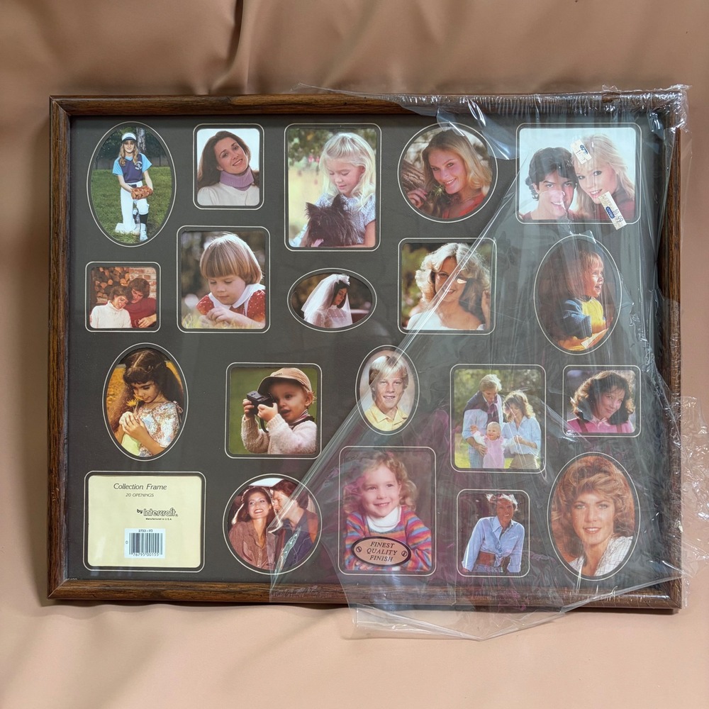Vintage 70s Intercraft USA 20 Spot Collage Photo Frame Faux Wood Glass 21x17 NOS
